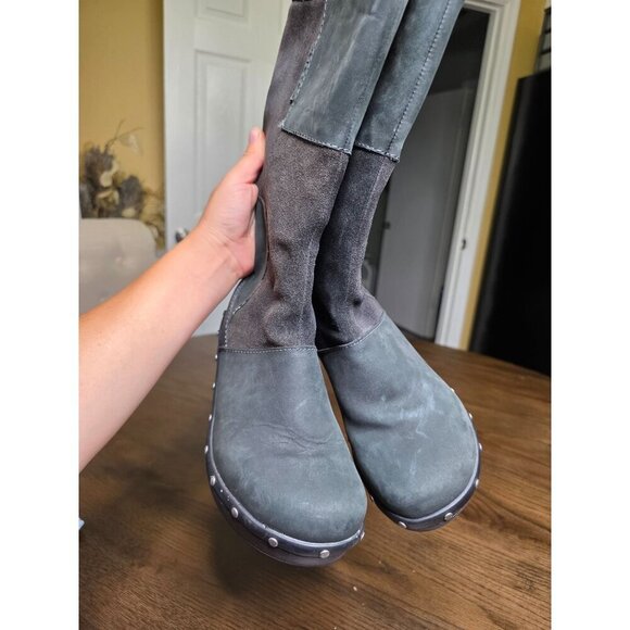 Womens Gray Leather & Suede Tall Boots With Studded Platform Heels - Picture 13 of 16